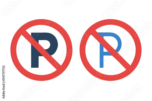Two no parking signs with a red circle and a blue and dark blue p isolated on white background