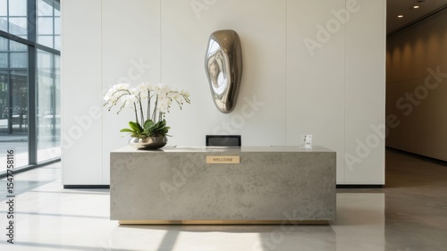Modern reception desk with minimalist design in a sleek office lobby