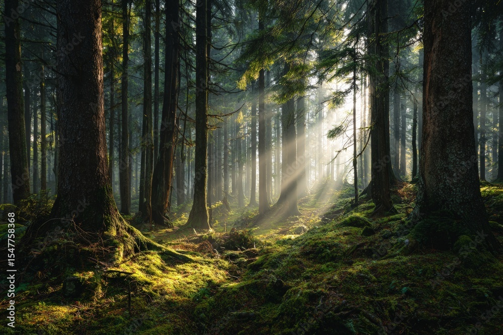 Fototapeta premium Sunlit Forest Path: Green Trees and Mossy Ground