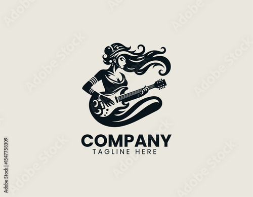 Genie playing guitar vector logo design combining magical djinn character and musical instrument in modern badge
