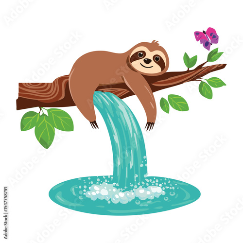 Sloth Relaxing on Branch with Waterfall Below