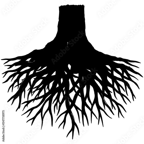 Silhouette of a tree trunk with sprawling root system, intricately illustrated in black with branching organic lines spreading downward, symbolizing growth, nature, and stability.