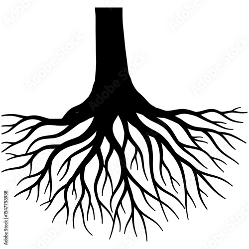 Silhouette of a tree trunk with sprawling root system, intricately illustrated in black with branching organic lines spreading downward, symbolizing growth, nature, and stability.
