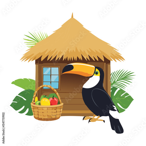 Tropical Toucan Near Traditional Dwelling with Goodies