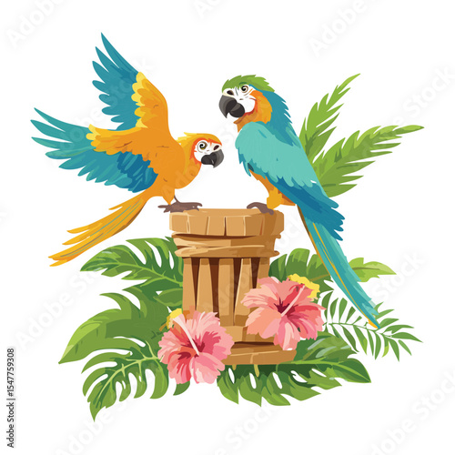 Playful Macaws Perched on Barrels with Flowers