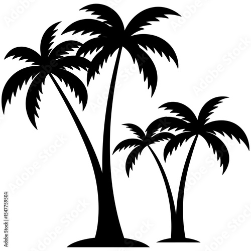 Silhouette of three tropical palm trees with lush fronds, standing together in black ink style, ideal for beach, summer, or tropical themed graphic designs.