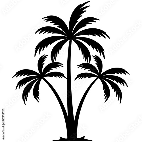 Silhouette of three tropical palm trees with lush fronds, standing together in black ink style, ideal for beach, summer, or tropical themed graphic designs.