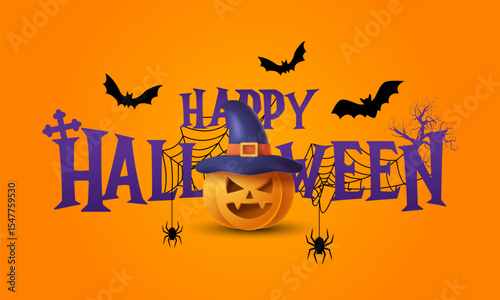 Halloween day poster or text banner. 3D realistic pumpkins and other Halloween symbols. Vector illustration