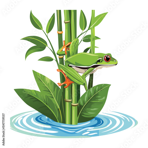 Green Frog Perched on Bamboo in Water