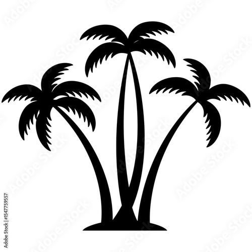 Silhouette of three tropical palm trees with lush fronds, standing together in black ink style, ideal for beach, summer, or tropical themed graphic designs.