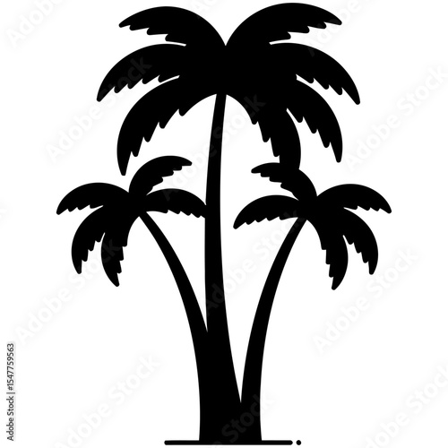 Silhouette of three tropical palm trees with lush fronds, standing together in black ink style, ideal for beach, summer, or tropical themed graphic designs.