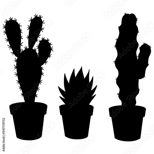 Silhouette of three different potted cactus plants in black, each with distinct shapes and spines, representing desert flora in a minimalist, modern botanical design.