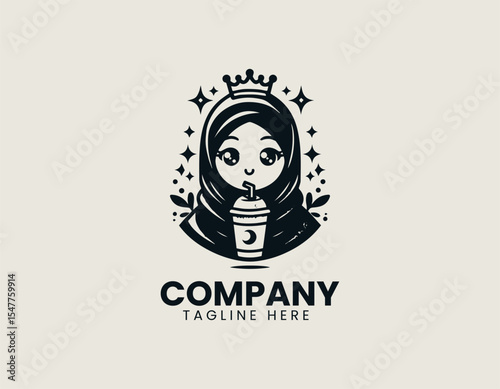 Cute hijab girl enjoying beverage with straw inside badge style circular icon in vector logo design