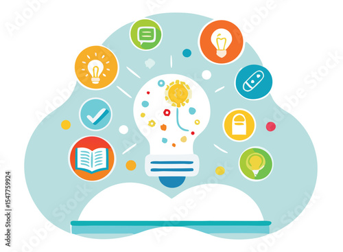 Creative Idea Generation and Innovation Process with Teamwork and Technology – Modern Flat Design Illustration for Digital Learning, Problem Solving, and Startup Collaboration.