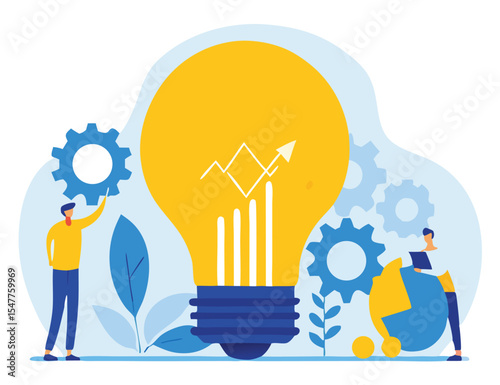Creative Idea Generation and Innovation Process with Teamwork and Technology – Modern Flat Design Illustration for Digital Learning, Problem Solving, and Startup Collaboration.