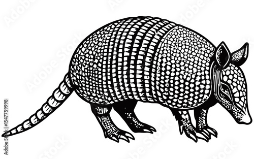 Detailed black and white vector illustration of an armadillo, showcasing its textured armor-like shell, pointed snout, and ringed tail in side profile.