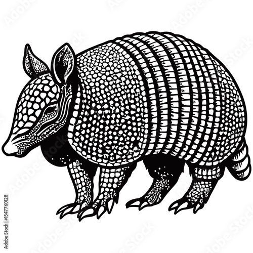 Detailed black and white vector illustration of an armadillo, showcasing its textured armor-like shell, pointed snout, and ringed tail in side profile.