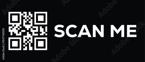 Minimalist black and white QR code with bold "SCAN ME" text in uppercase. Centered, high-contrast design with clean, modern style and frontal view. No background distractions.