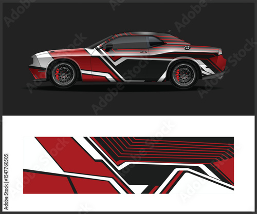 Dodge Challenger Car Wrap Design Red Black White Stripes