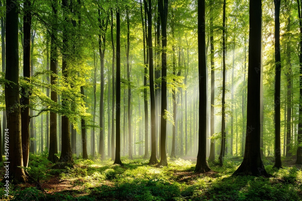 Obraz premium Sunlit Forest Path With Tall Trees And Lush Green Canopy