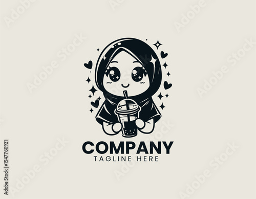 Cute hijab girl sipping drink inside circular emblem conveying friendly café vibes in vector logo design