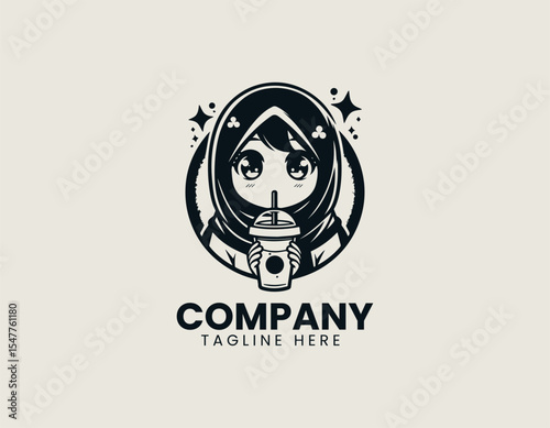 Cute hijab girl sipping drink inside circular emblem conveying friendly café vibes in vector logo design
