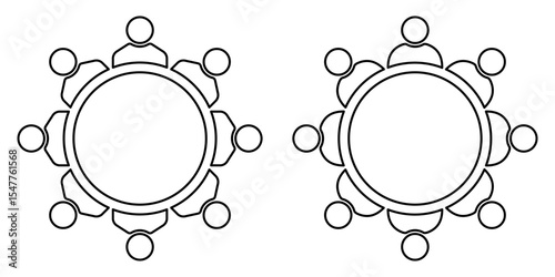 Outline icon of round table meeting. Editable stroke. Group discussion symbol with people sitting at circular conference desk. For business, team planning, collaboration, communication design.