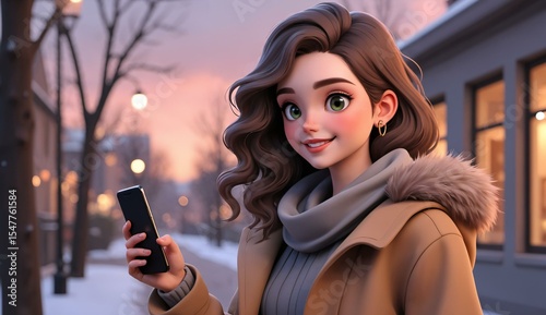 A person bundled in a winter coat and scarf, holding a smartphone on a snowy evening street