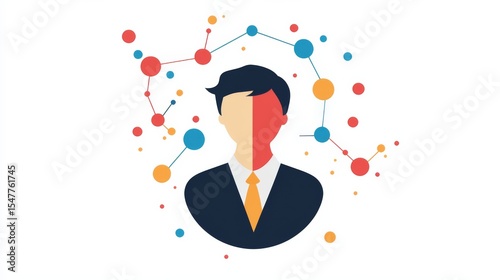 Technical SEO concept. Abstract illustration of a faceless man in a suit with colorful dots and lines representing data or connections around him.