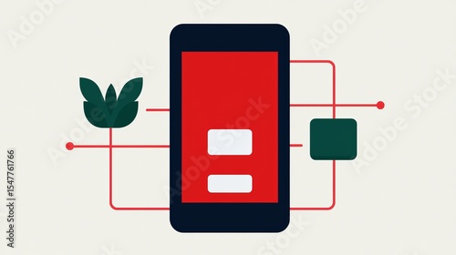 Technical SEO concept. Digital illustration of a smartphone with green leaves and abstract shapes, symbolizing technology and nature integration.