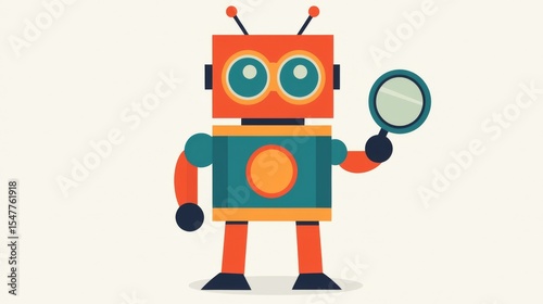 Technical SEO concept. A colorful cartoon robot holding a magnifying glass, symbolizing curiosity and exploration in a playful design.