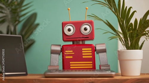 Technical SEO concept. A colorful robot figure sits on a desk with a laptop and plants, creating a playful tech-inspired workspace.