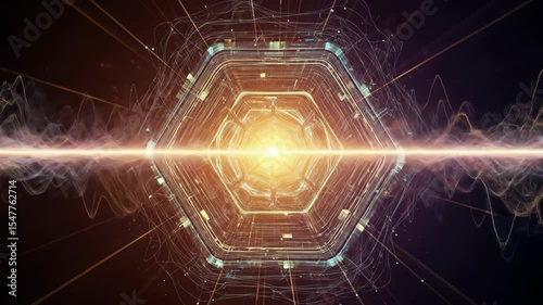 Abstract futuristic hexagonal tunnel gateway visualization of advanced technology dynamic digital light and energy waves vector illustration