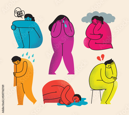 Psychology concept set of the flat vector illustrations. Self-abuse, violence and pressure. Person under overwhelming control, assault. Mental health problem.
