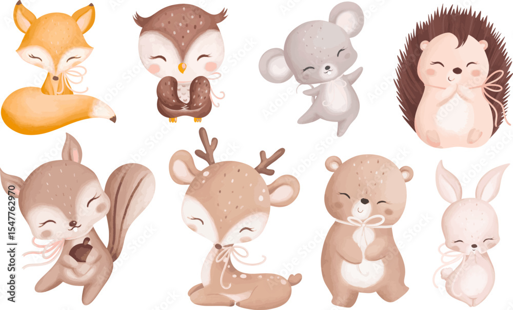 Fototapeta premium set of cute cartoon animal character watercolor style vector format