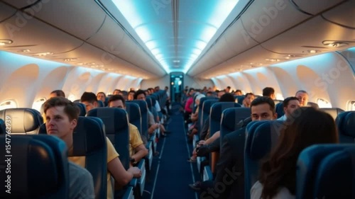 Full airplane cabin interior with passengers seated, viewed down the aisle during a commercial flight, modern aircraft travel.