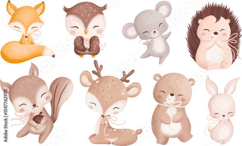 set of cute cartoon animal character watercolor style vector format