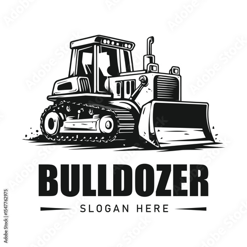 Vintage bulldozer vector with excavator and bulldozer logo on white background