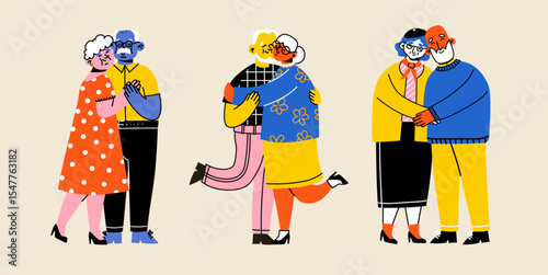 Cute elderly couples. Happy seniors together. Old men and women, spouses. Vector doodle cartoon illustration in flat style