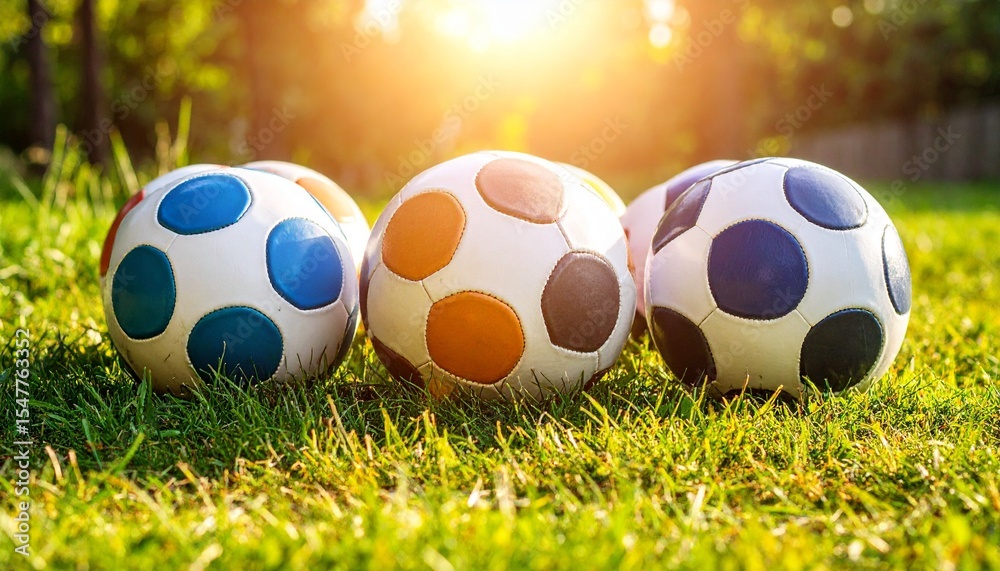 Obraz premium Three soccer balls—blue-white, orange-white, and black-white—on green grass with warm sunlight in the background