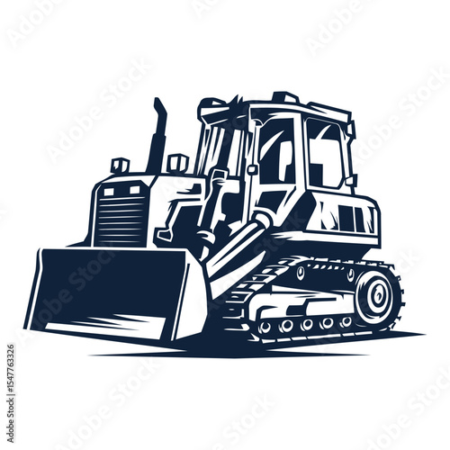 Bulldozer Silhouette Vector Illustration, Heavy Construction Equipment Logo Design on White Background