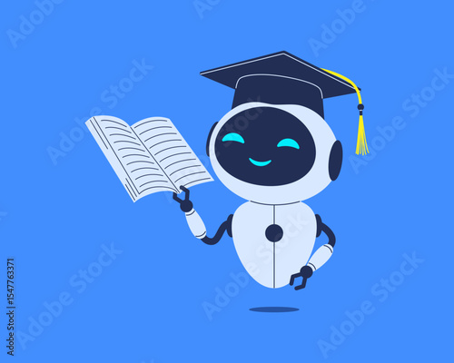 Cute robot in mortarboard with open book. Vector character for education, academic tech and learning themes