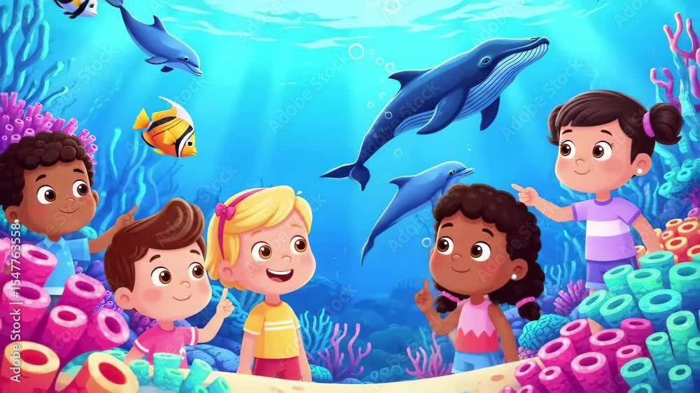Smiling children explore a vibrant coral reef with playful dolphins in clear blue water