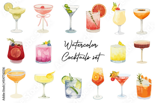 SET OF WATERCOLOR VARIOUS TYPES OF COCKTAILS GLASSES - VECTOR ELEMENTS ISOLATED ON TRANSPARENT BACKGROUND