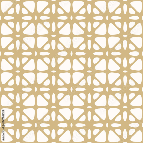 Vector abstract seamless ornament texture. Golden geometric pattern with floral silhouettes, curved lines, lattice, grid, mesh. Gold and white background. Luxury repeated geo design for decor, print