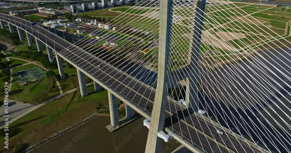 Aerial view of Vasco da Gama bridge crossing the Tagus river in Lisbon, Portugal. Modern design