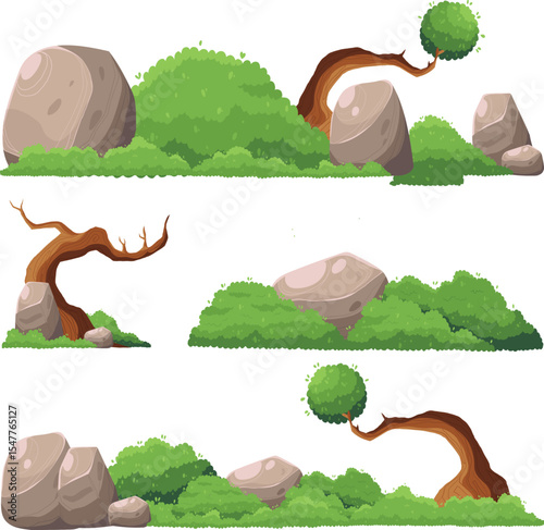  Cartoon Landscape Elements with Bushes, Rocks, and Trees