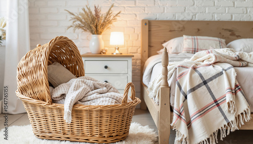 Cozy bedroom with wicker bassinet and warm blanket on bed  