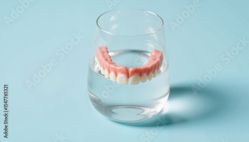Dentures soaking in water inside a clear glass on blue background  