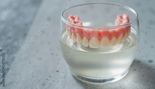Dentures soaking in glass of water on grey concrete surface  